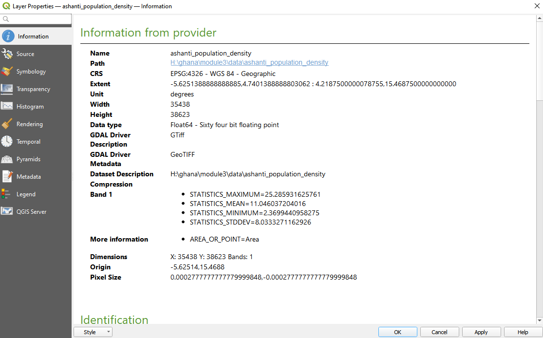 Extracting basic metadata from a raster layer