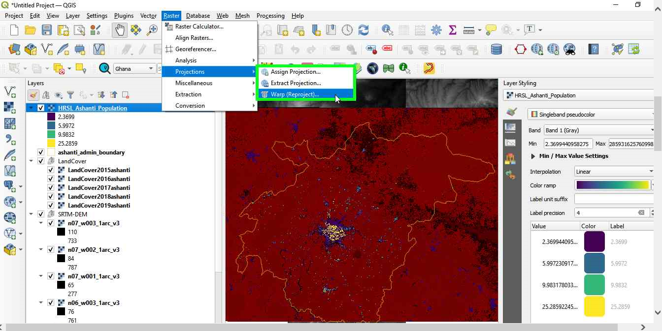 Reproject functionality in QGIS