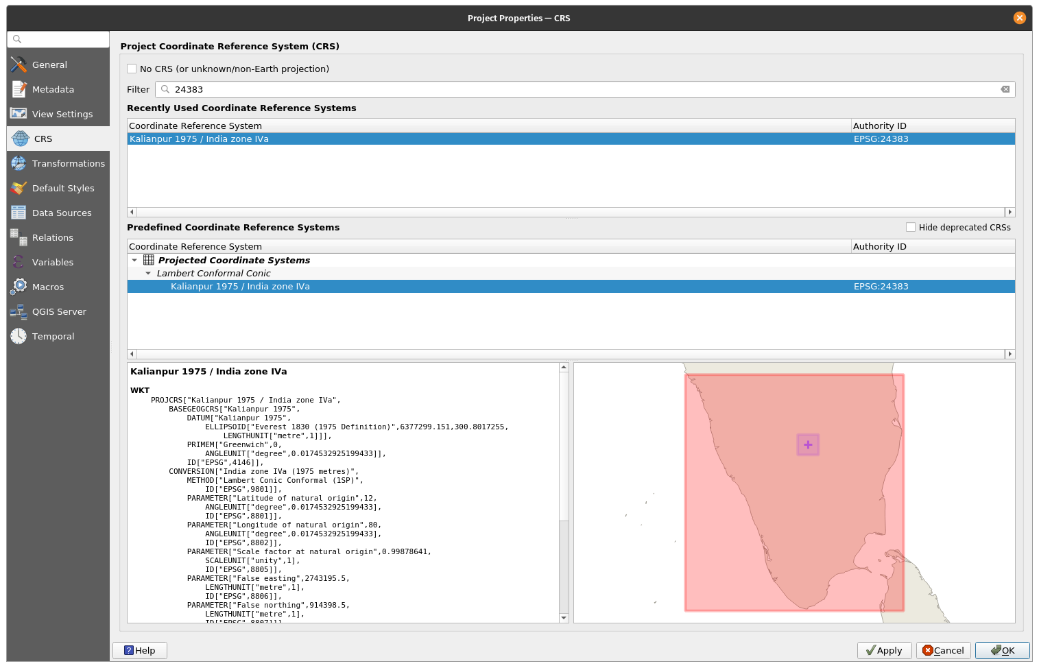 Specifications of the coordinate reference system used in the QGIS project