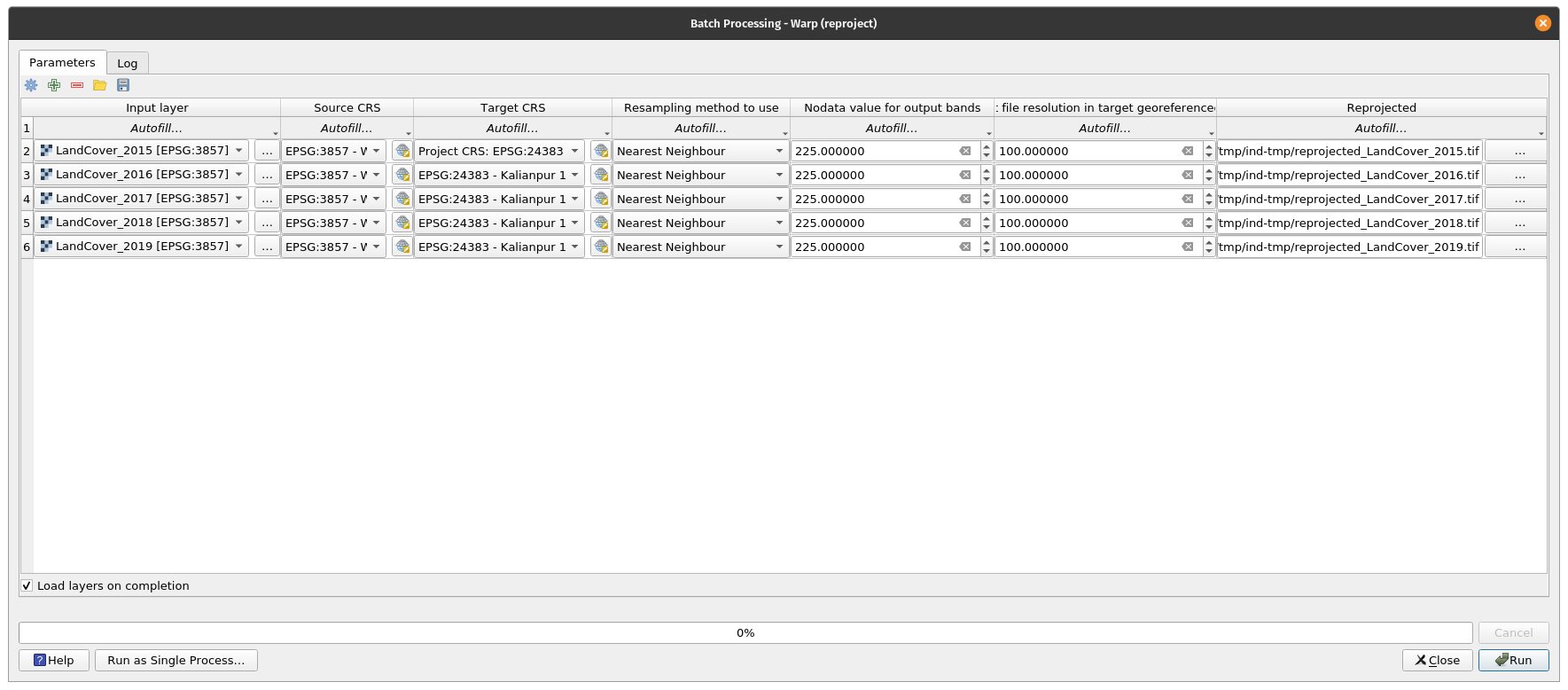 Batch processing to reproject the land cover rasters