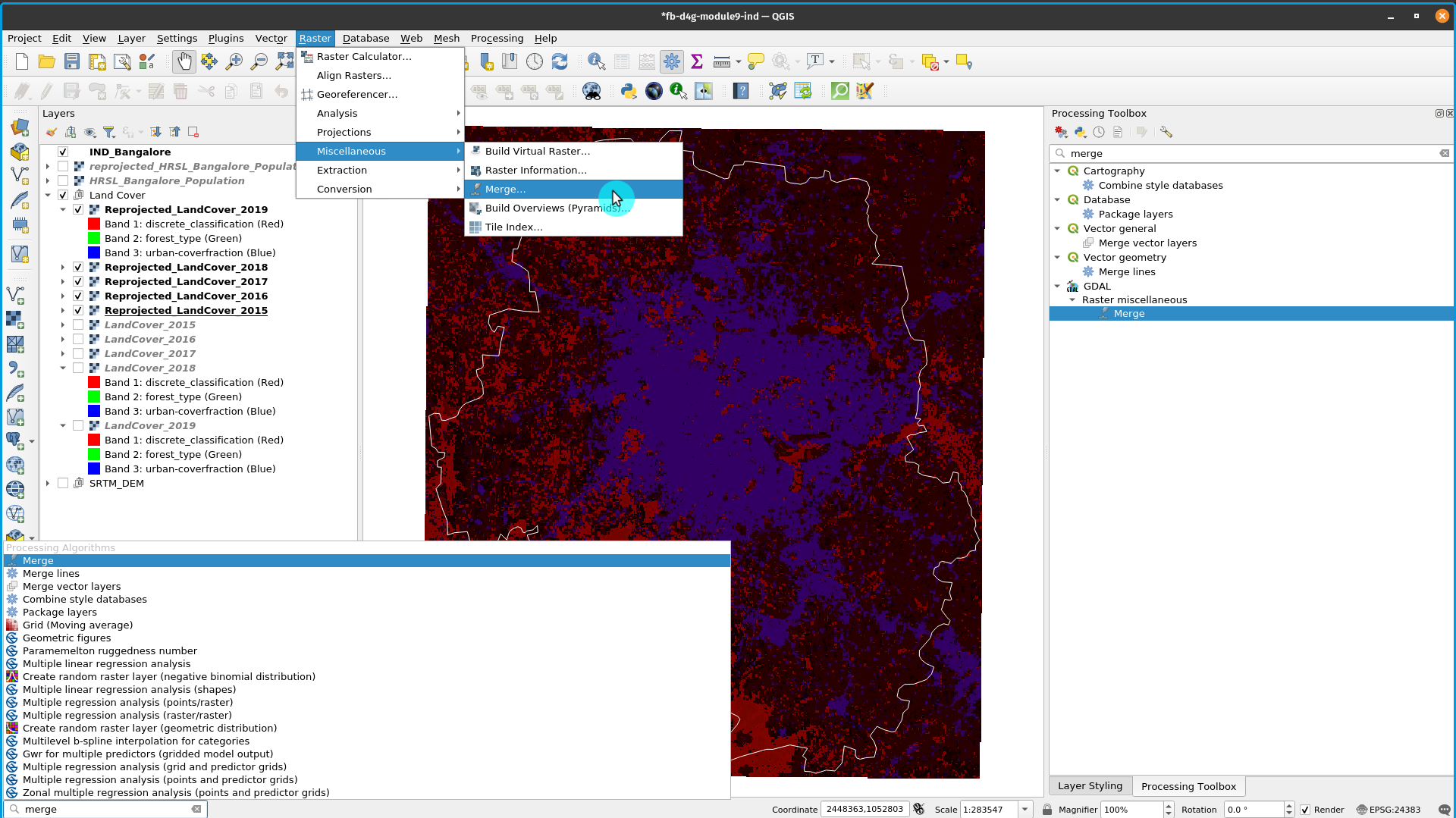 Finding the GDAL merge tool in the Processing Toolbox