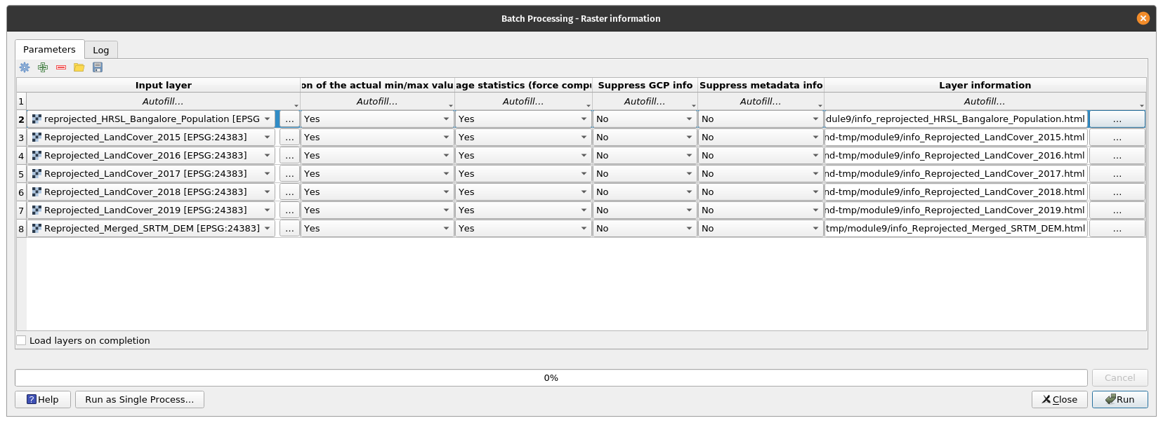 Batch process to extract information in a separate HTML file for multiple raster layers