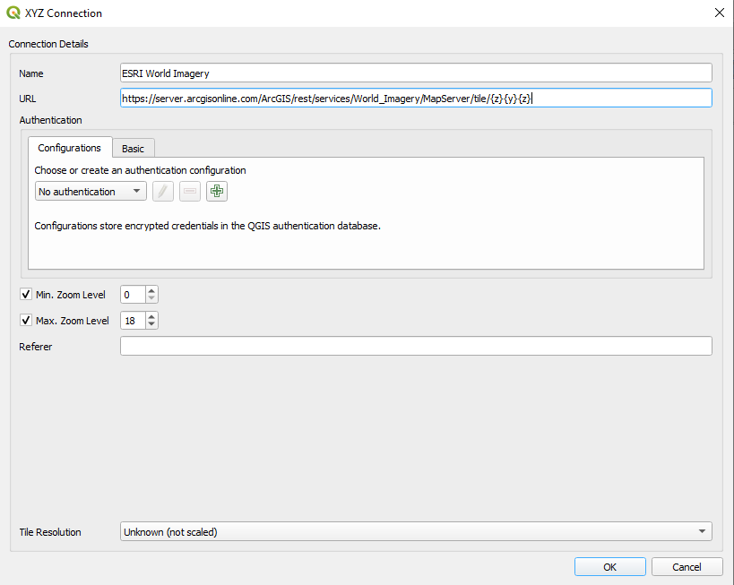 Adding an XYZ connection in QGIS