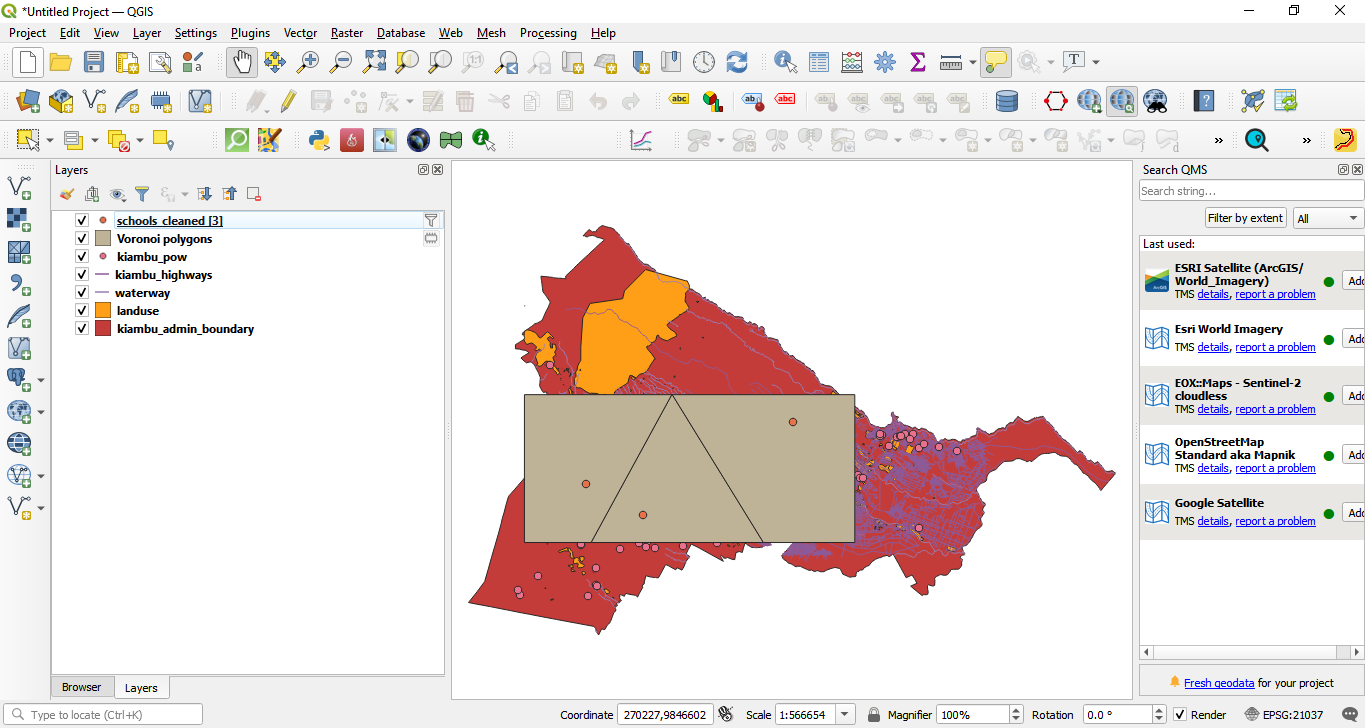 Results of applying Thiessen (Voronoi) polygons algorithm to a point vector layer