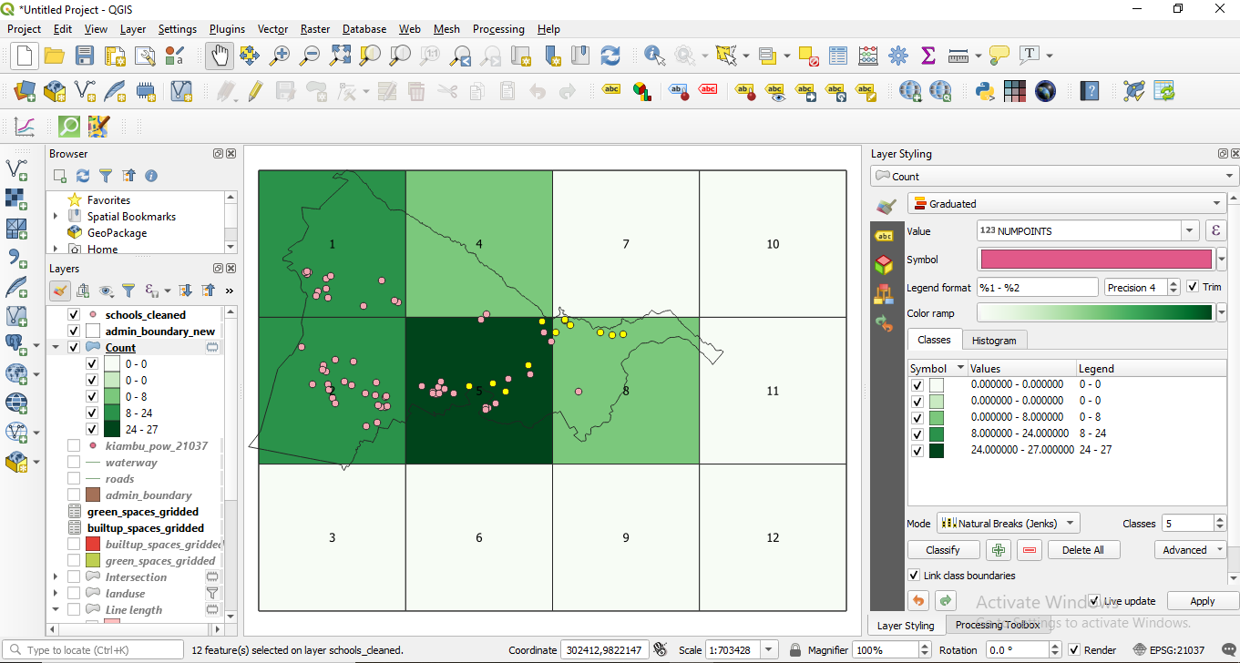 Spatial distribution of schools density per unit 10X10km