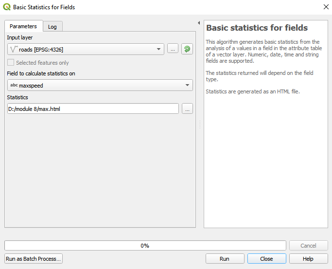 Preparing to run basics statistics for roads layer