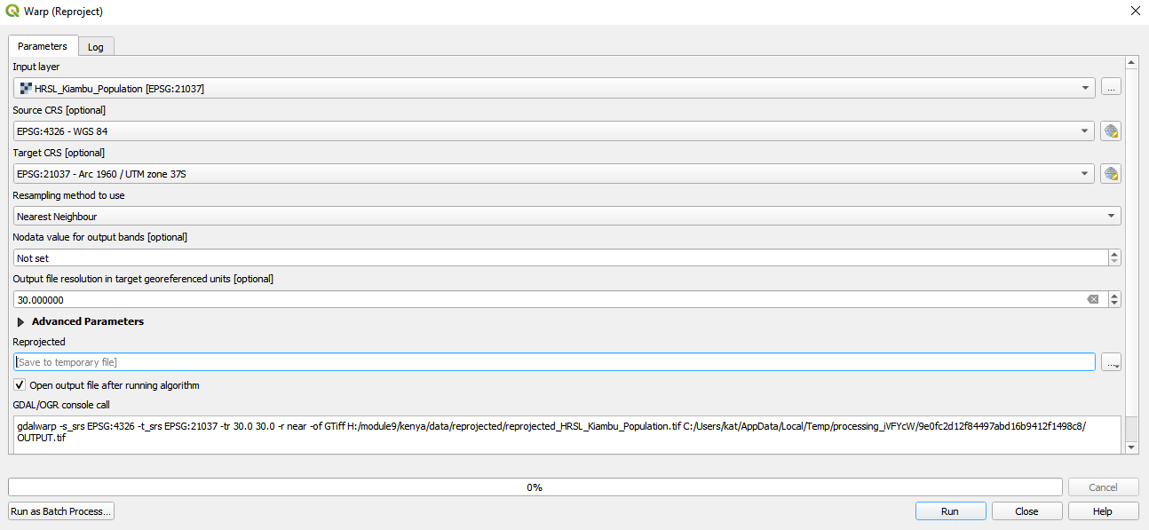 Batch processing tab on a QGIS functionality window