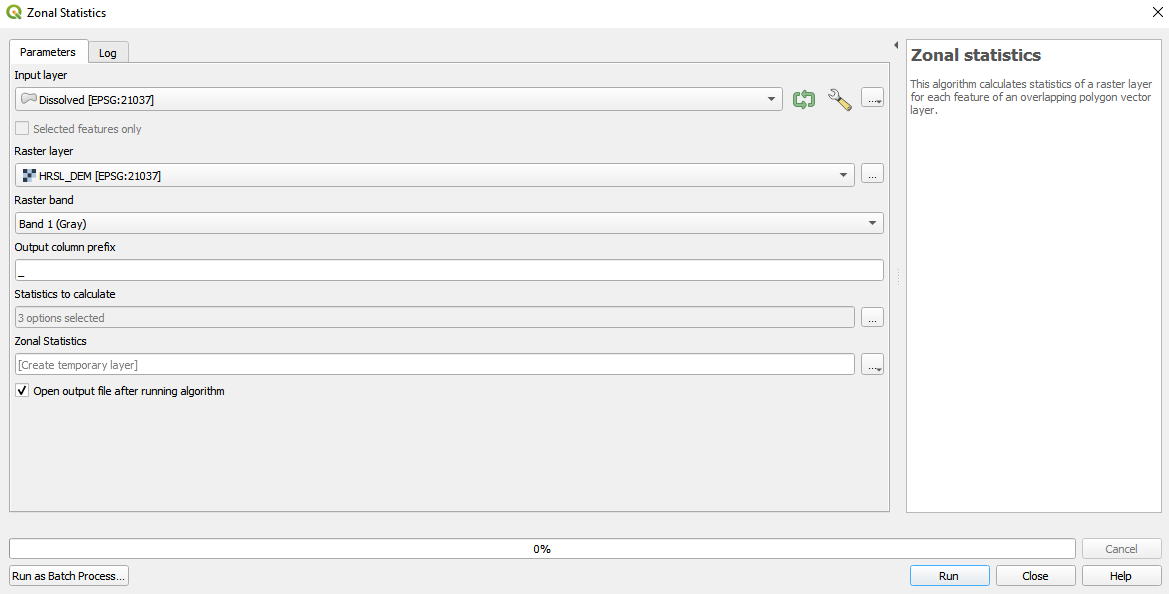 Setting the parameters for Zonal Statistics