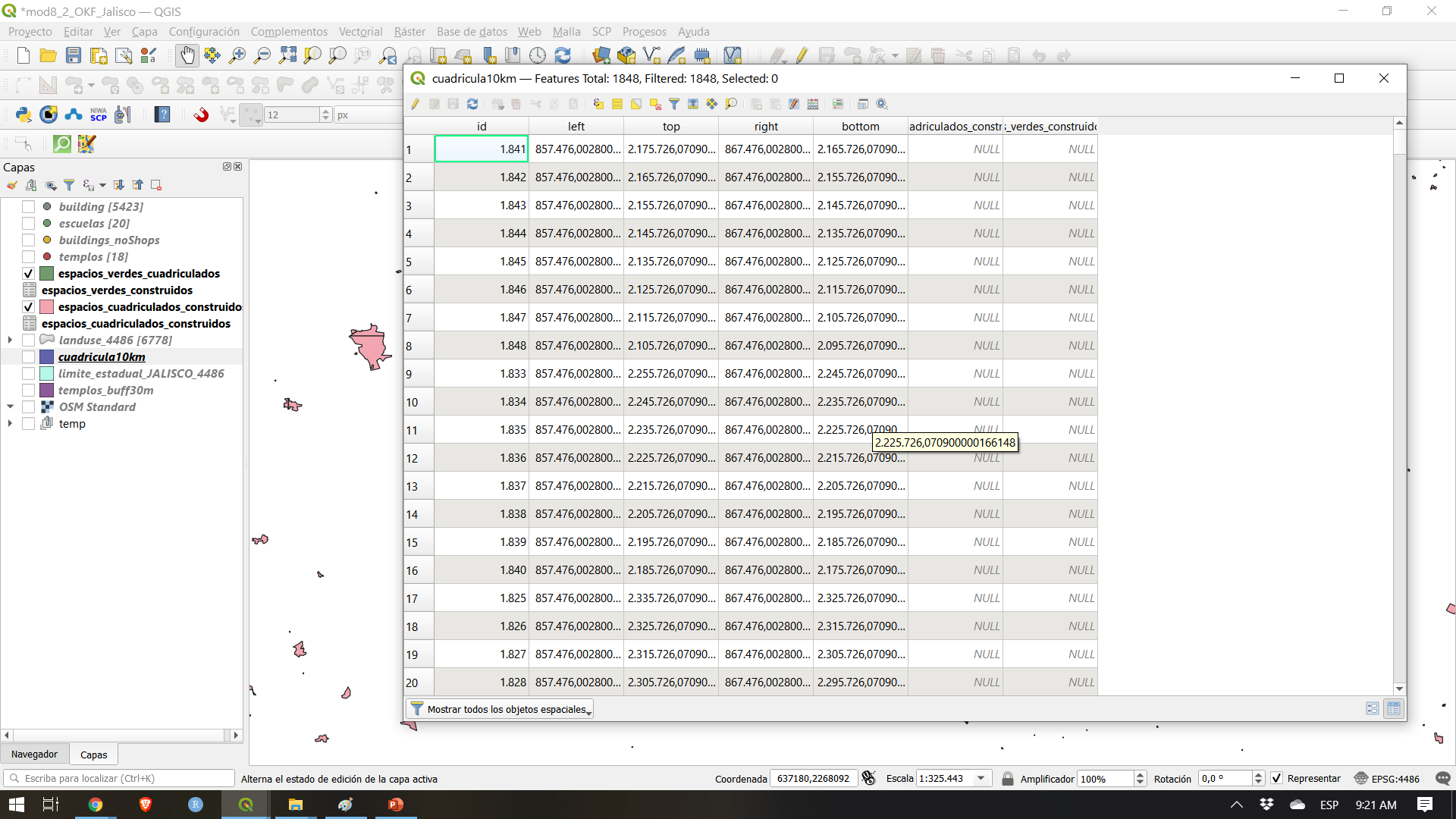 Attribute table of the grid10km vector layer containing the total areas for green and built-up spaces