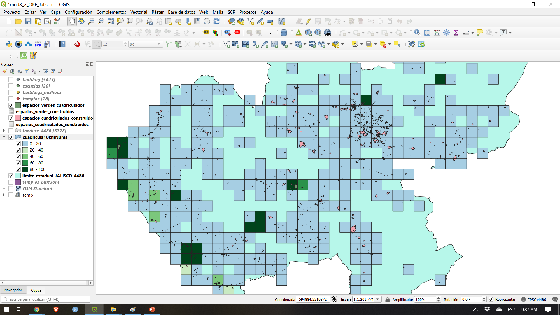 Ratio of green and built-up areas in the 10km x 10km grid