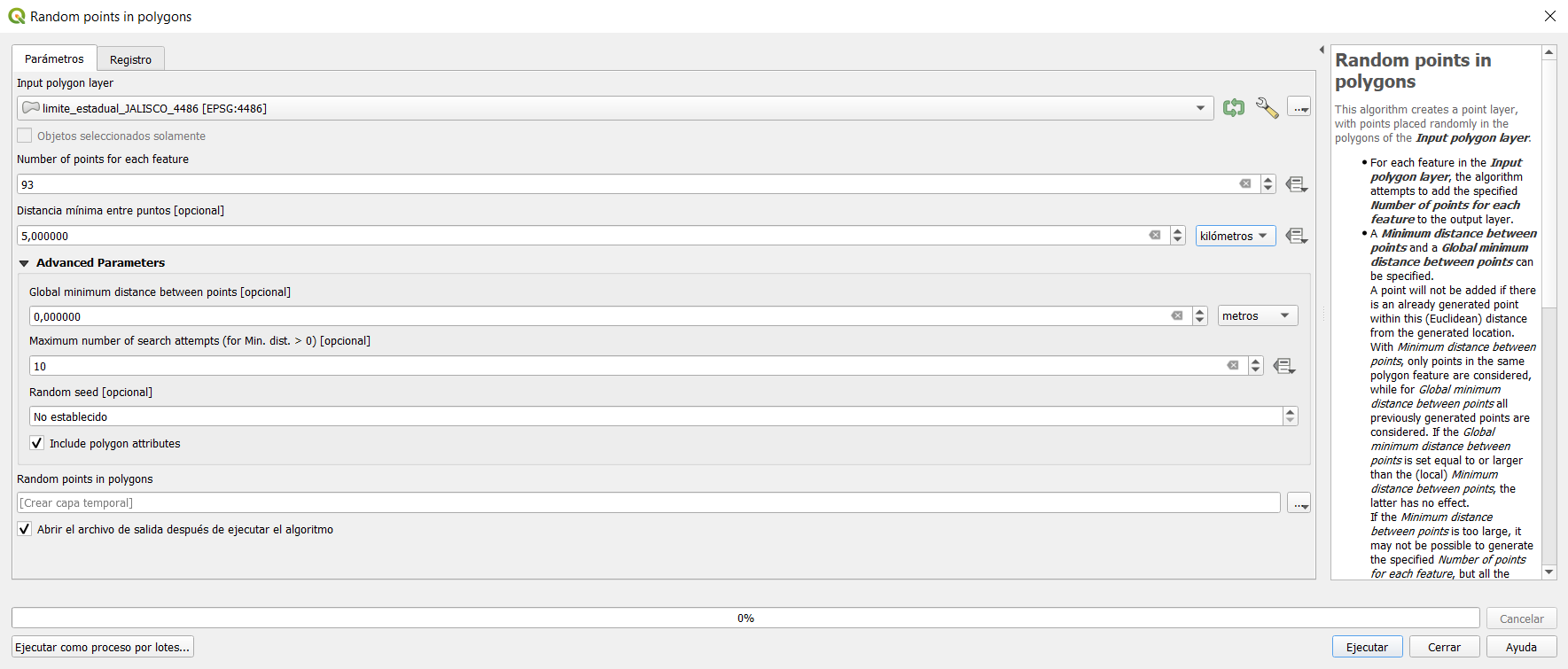 Creating random points inside a polygon layer