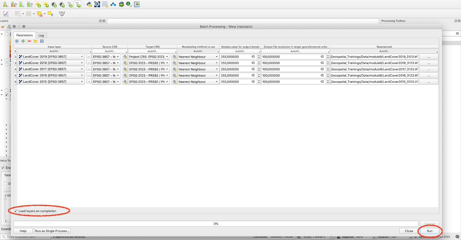 Batch processing to reproject the land cover rasters