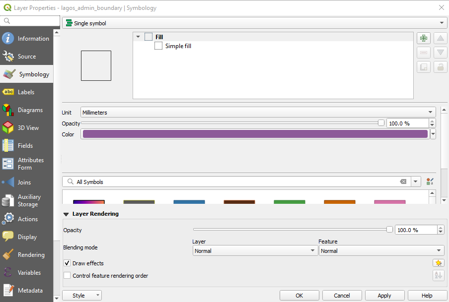 Layer Properties window and Symbology menu