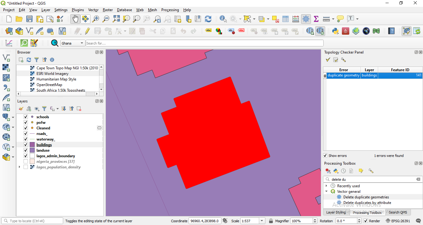 Results of topology check on the buildings vector layer