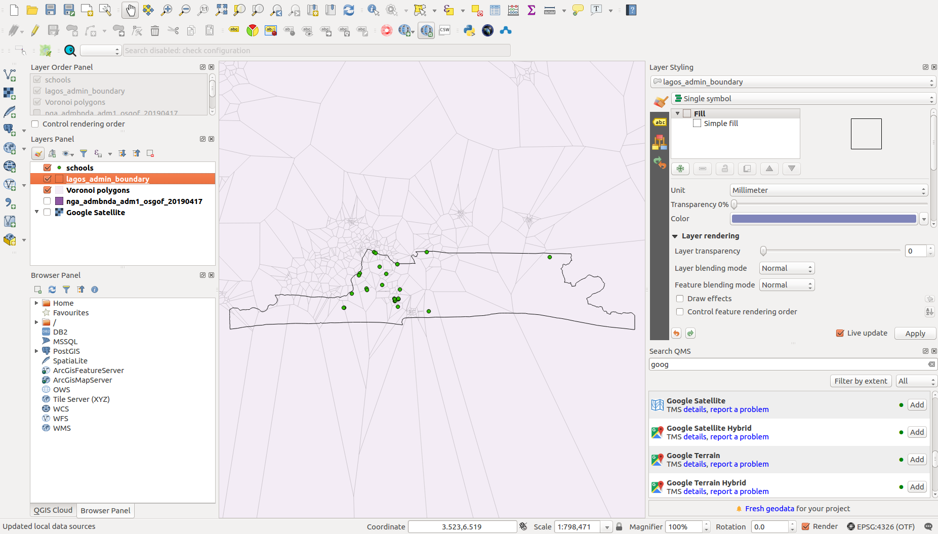 Results of applying Thiessen (Voronoi) polygons algorithm to a point vector layer