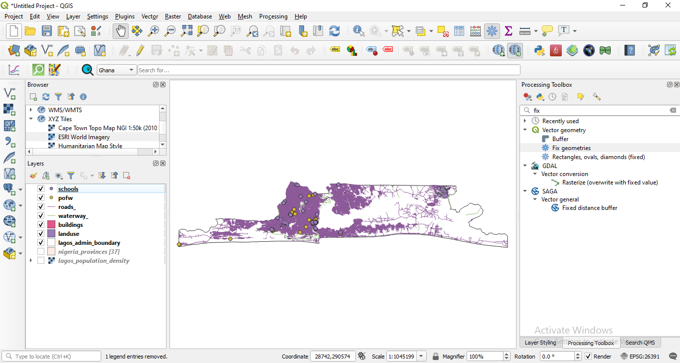 Loaded vector data sets: points, line and polygons