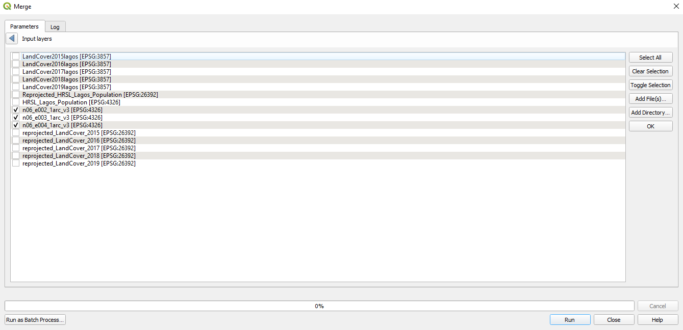 Selecting the SRTM layers to merge