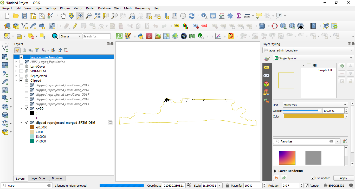 Result of identify all pixel values that are below 200 meters using the Raster Calculator