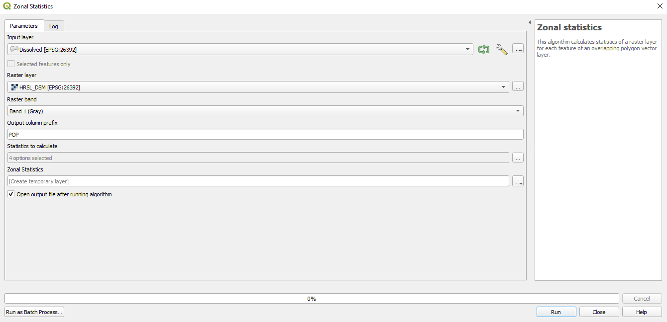 Setting the parameters for Zonal Statistics