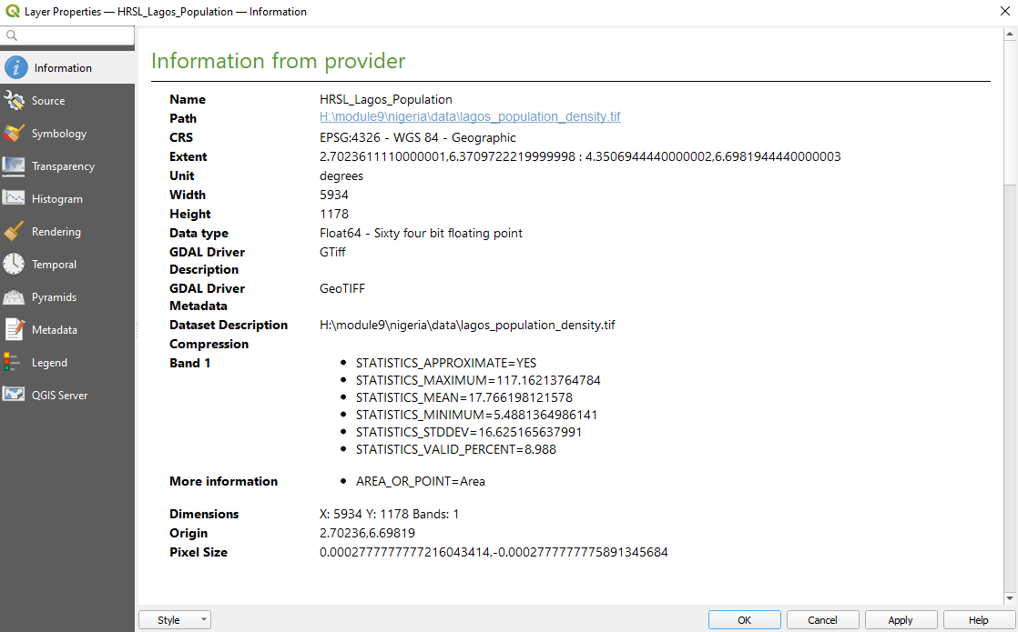 Extracting basic metadata from a raster layer