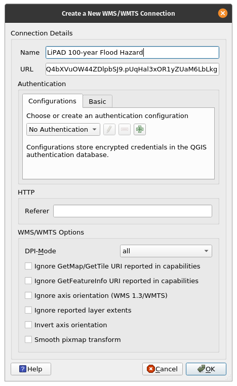 Creating a new WMS/WMTS Connection