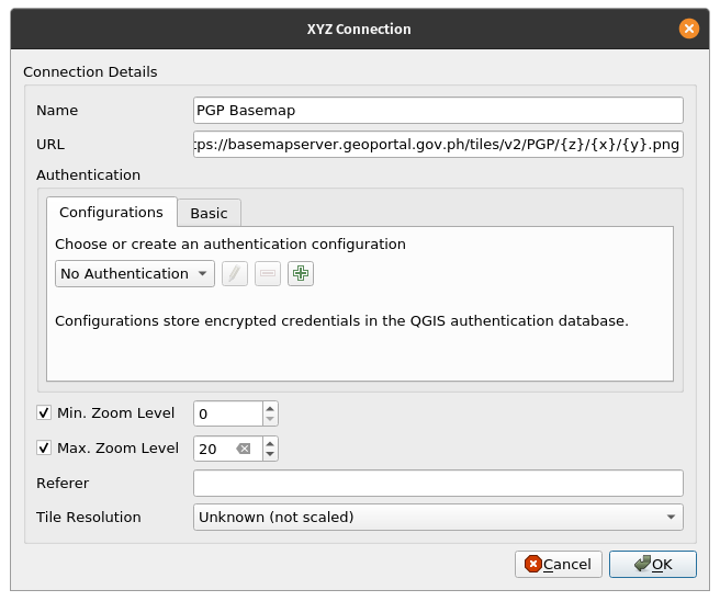 Adding an XYZ connection in QGIS