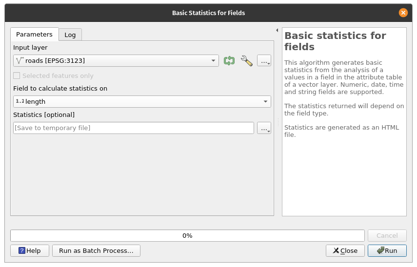 Preparing to run basics statistics for roads layer