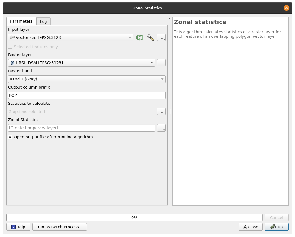 Setting the parameters for Zonal Statistics