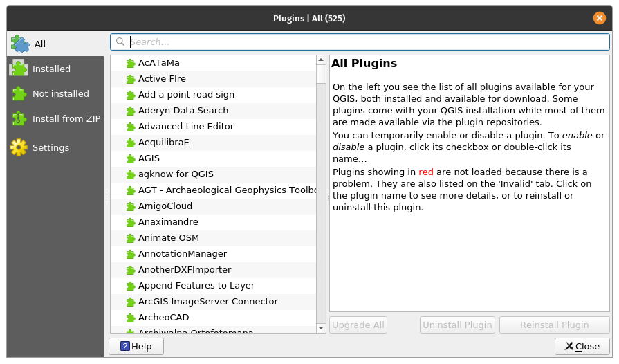 Manage and Install Plugins dialog