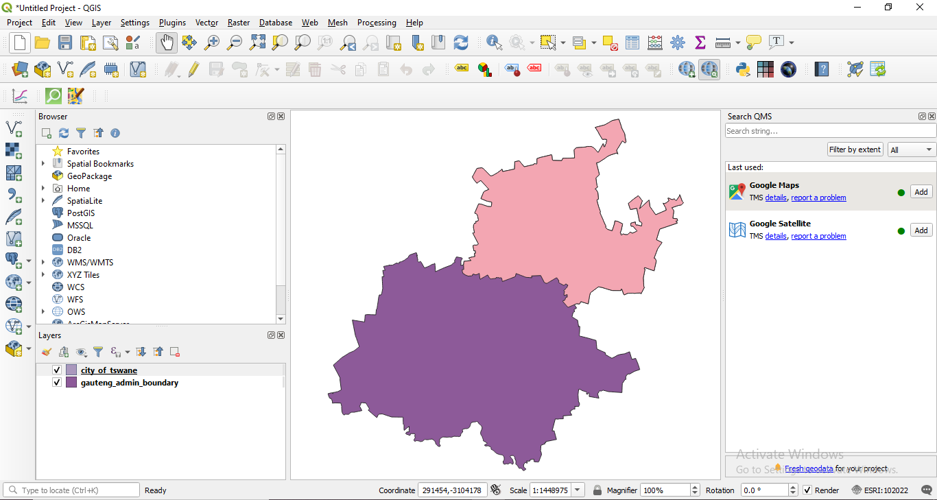 Gauteng layers loaded in QGIS