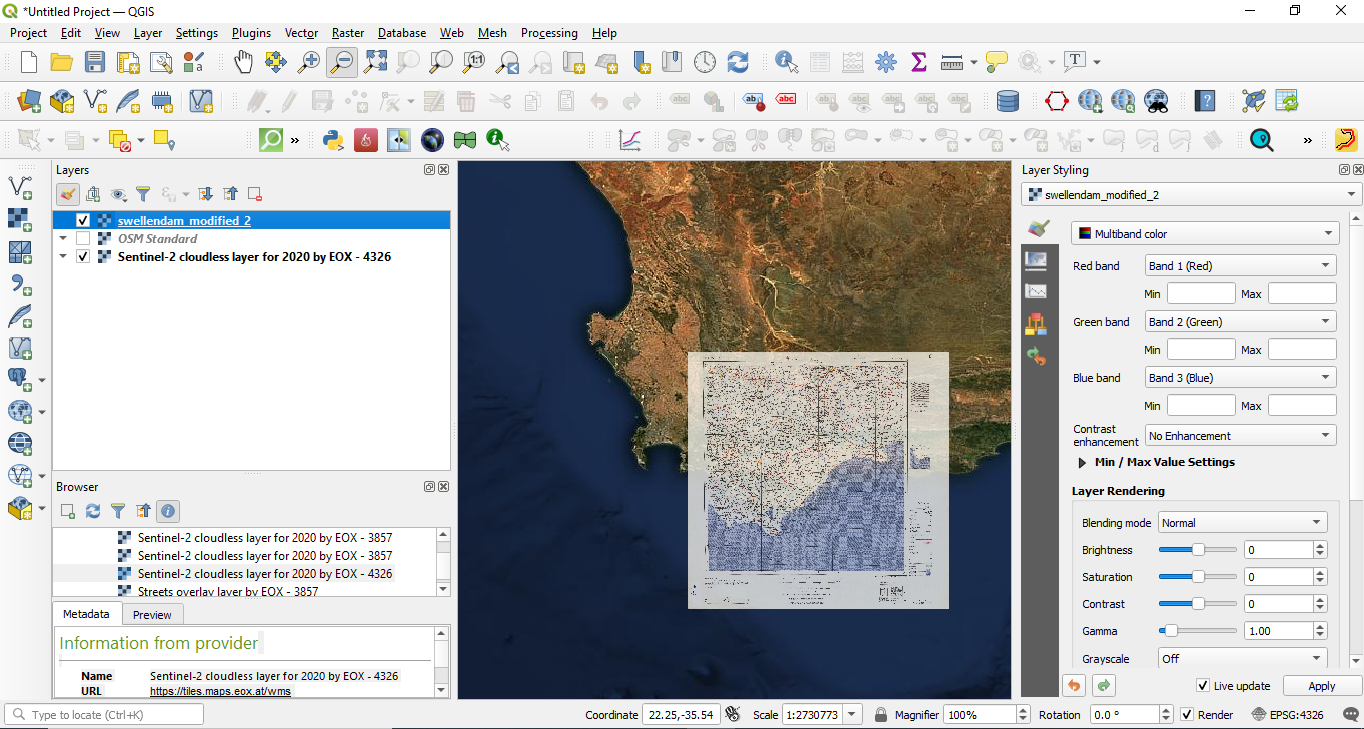 Georeferenced map loaded in QGIS