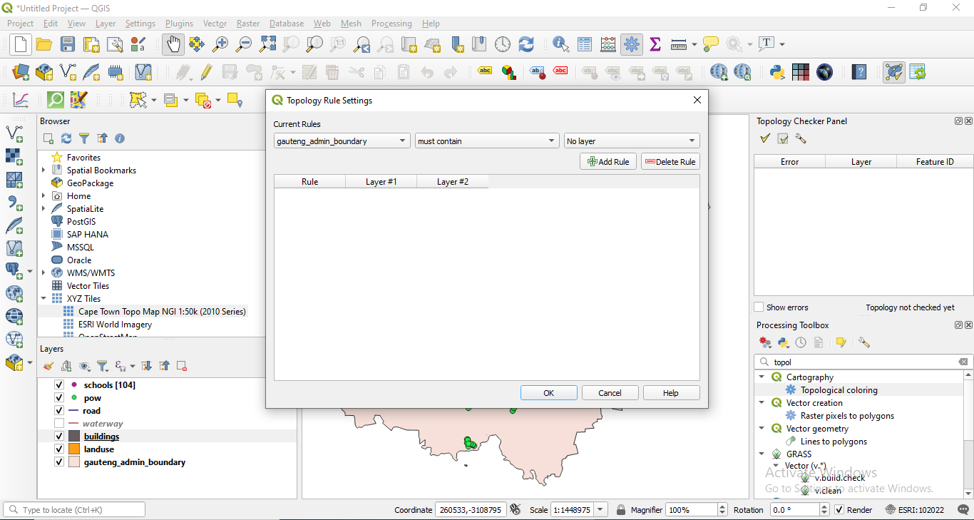 Topology rules dropdown menu based on the selected layer