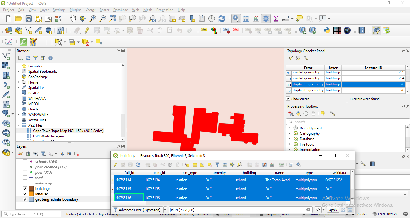 Results of topology check on the buildings vector layer