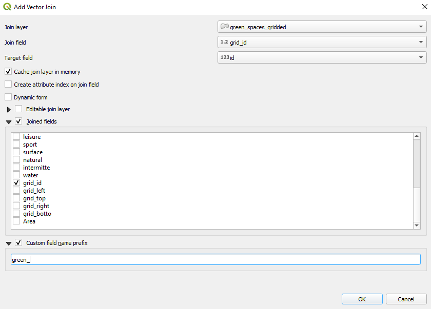 Setting the parameters to join by common field grid_id/id the sums of green and built-up spaces for each grid cell - 10X10km unit