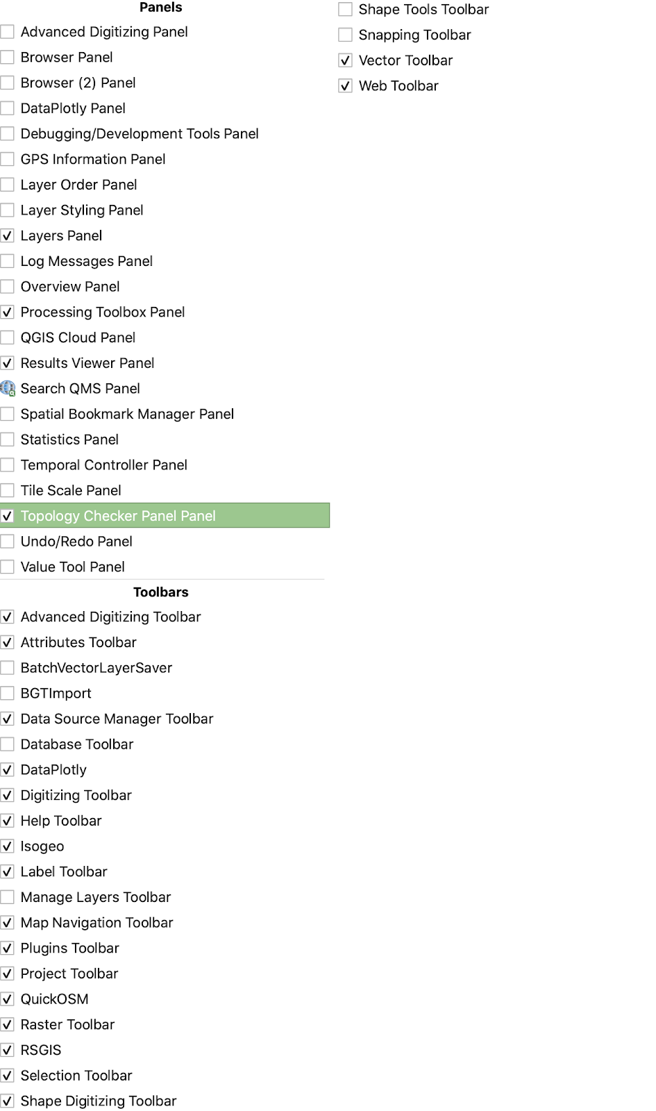 Topology checker panel