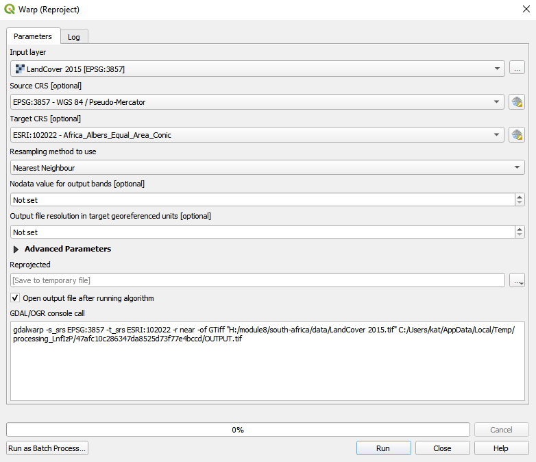 Batch processing tab on a QGIS functionality window