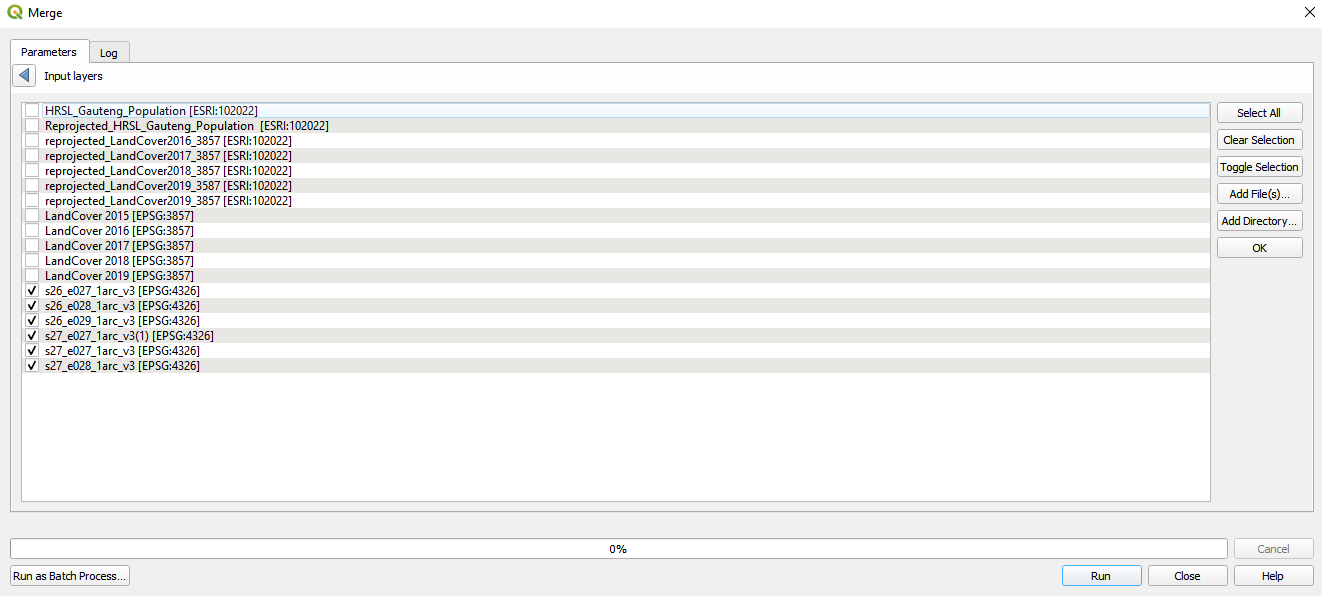 Selecting the SRTM layers to merge