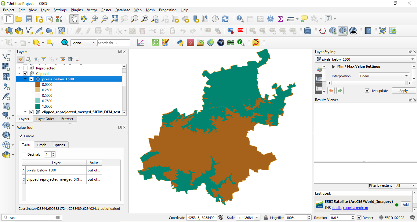 Spatial distribution of all pixels of value 1, meaning with altitude lower than 200 meters