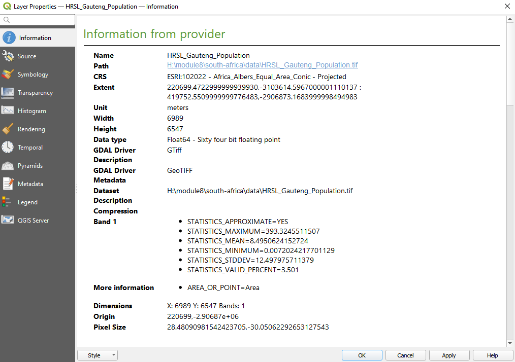 Extracting basic metadata from a raster layer