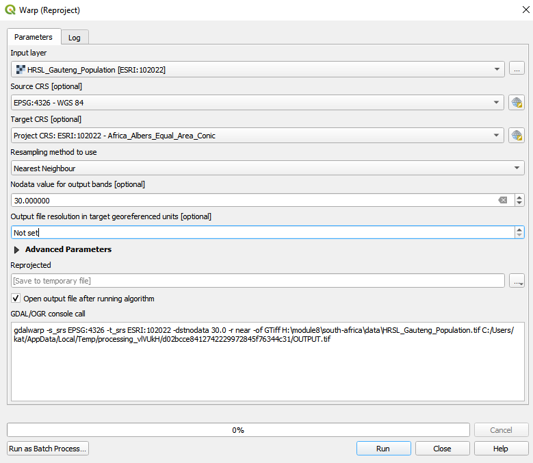 Warp (reproject) QGIS window