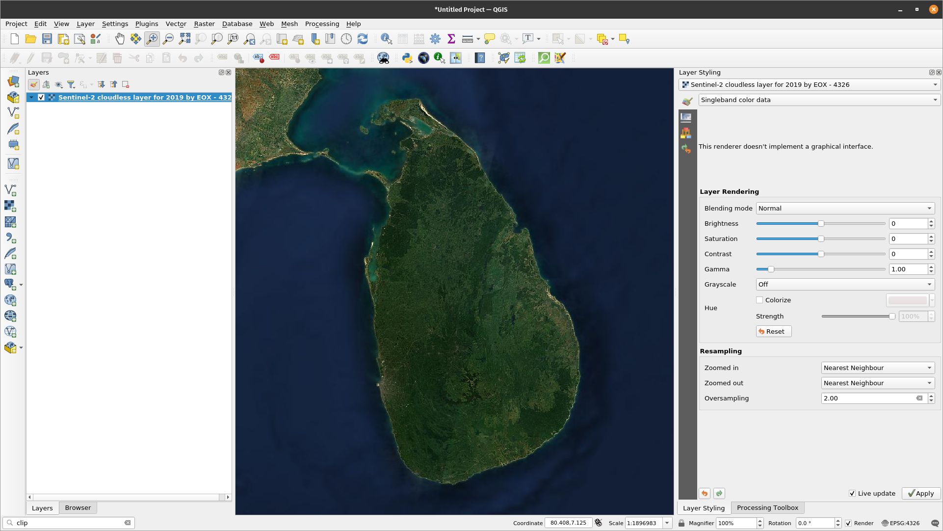 Sentinel-2 cloudless layer map from WMS loaded in QGIS