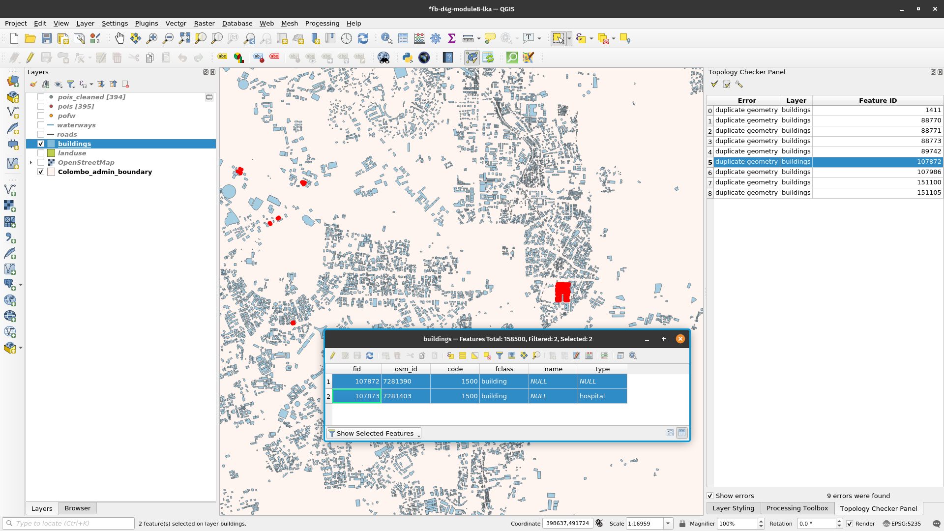 Results of topology check on the buildings vector layer