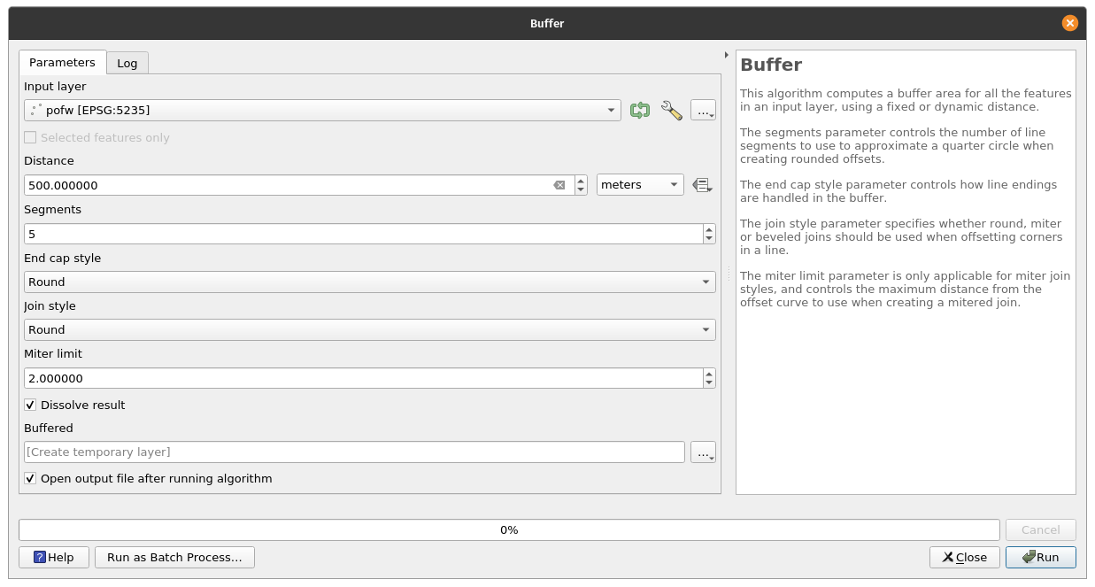 Setting the parameters for a 500 m buffer around the places of worship