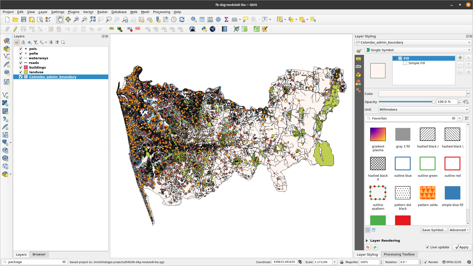 Loaded vector data sets: points, line and polygons