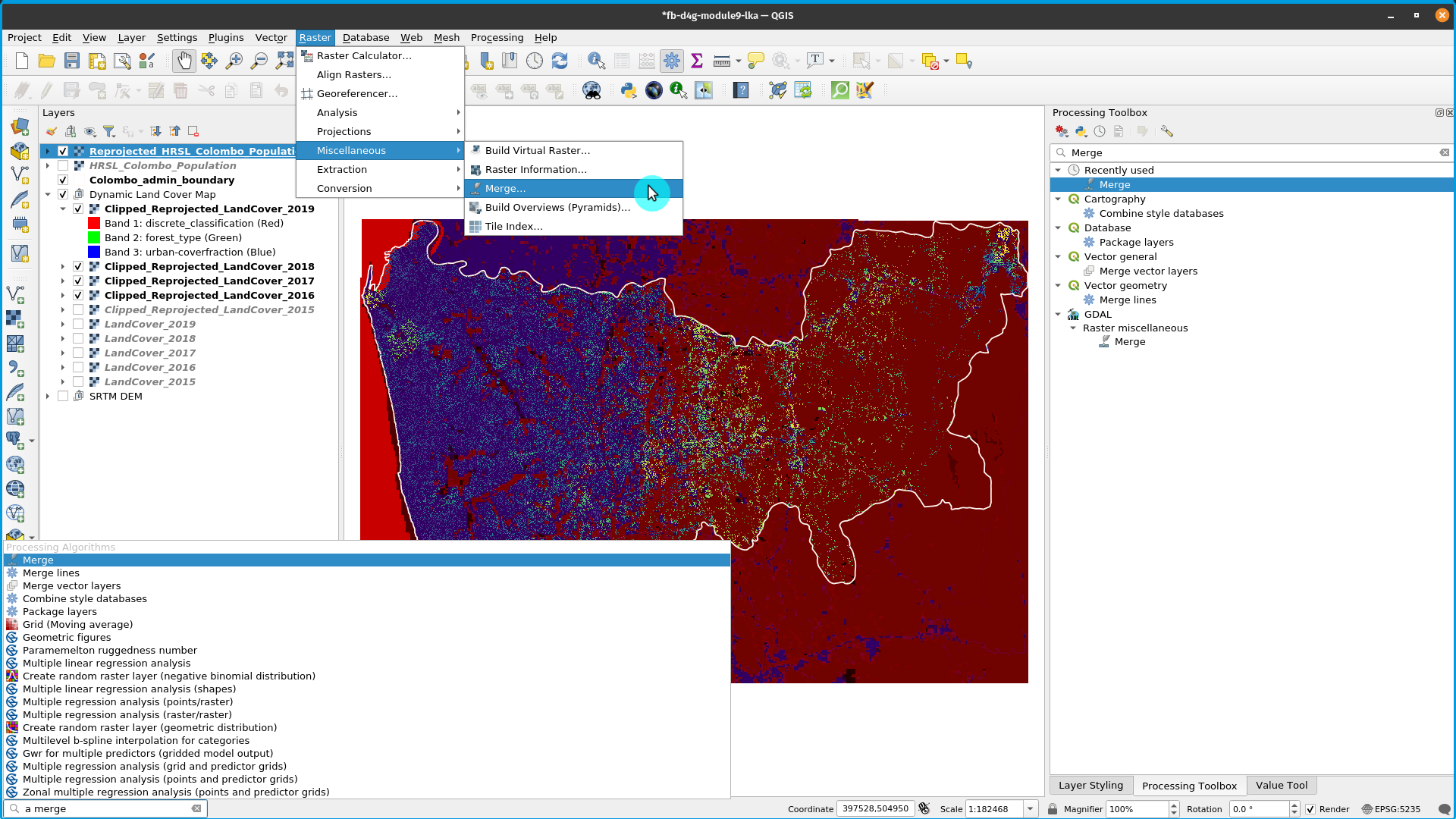 Finding the GDAL merge tool in the Processing Toolbox