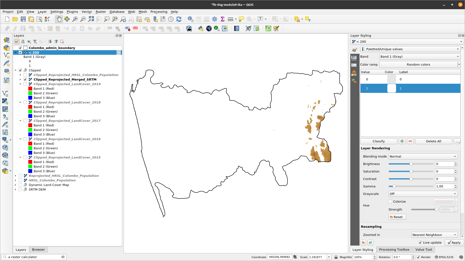 Result of identify all pixel values that are below 200 meters using the Raster Calculator