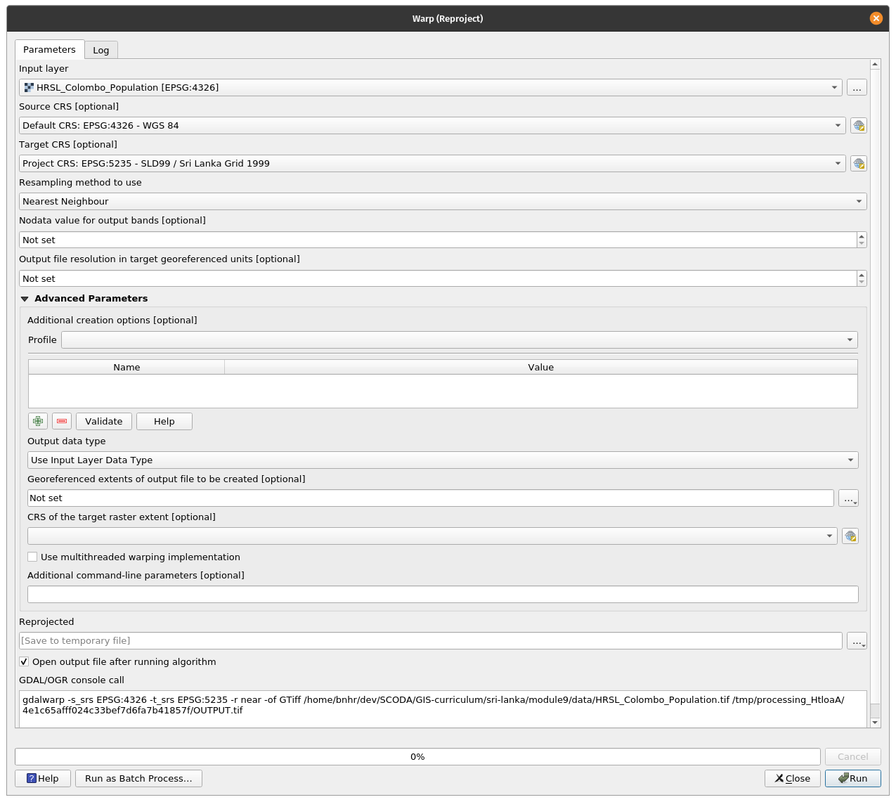 Warp (reproject) QGIS window