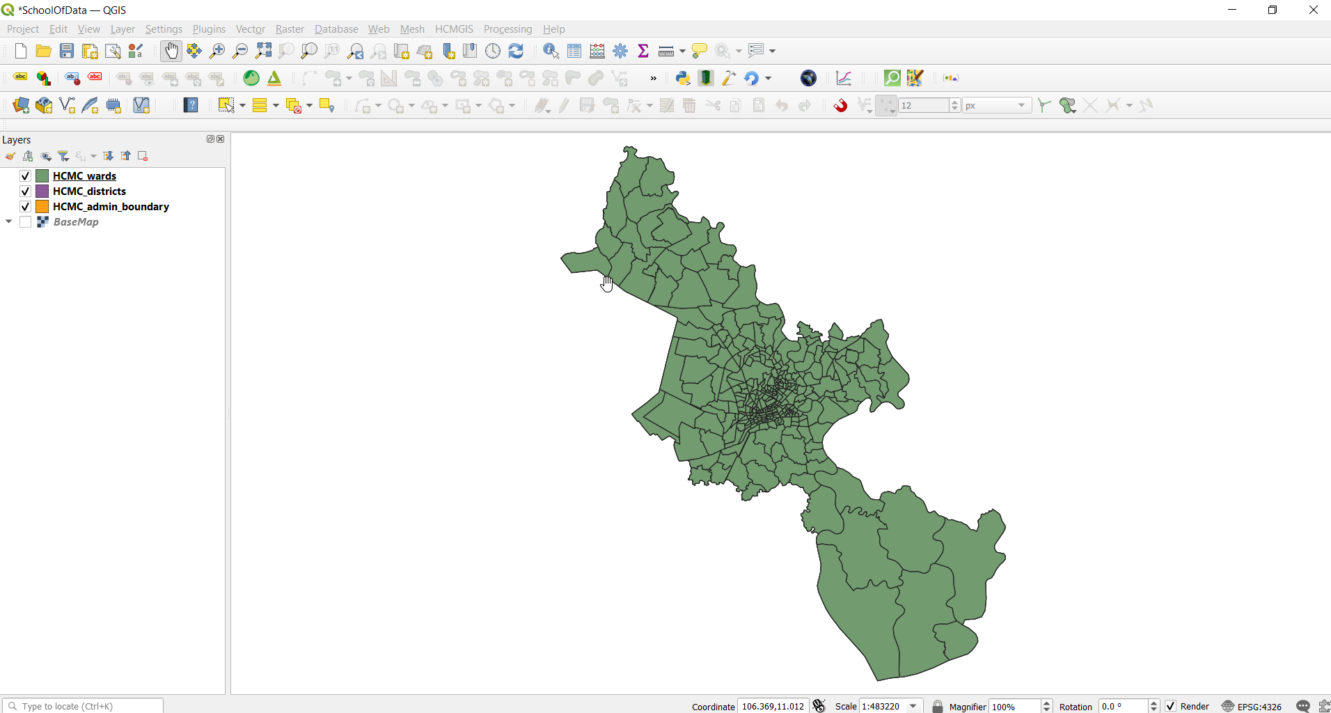 Các vector layer được tải trong QGIS