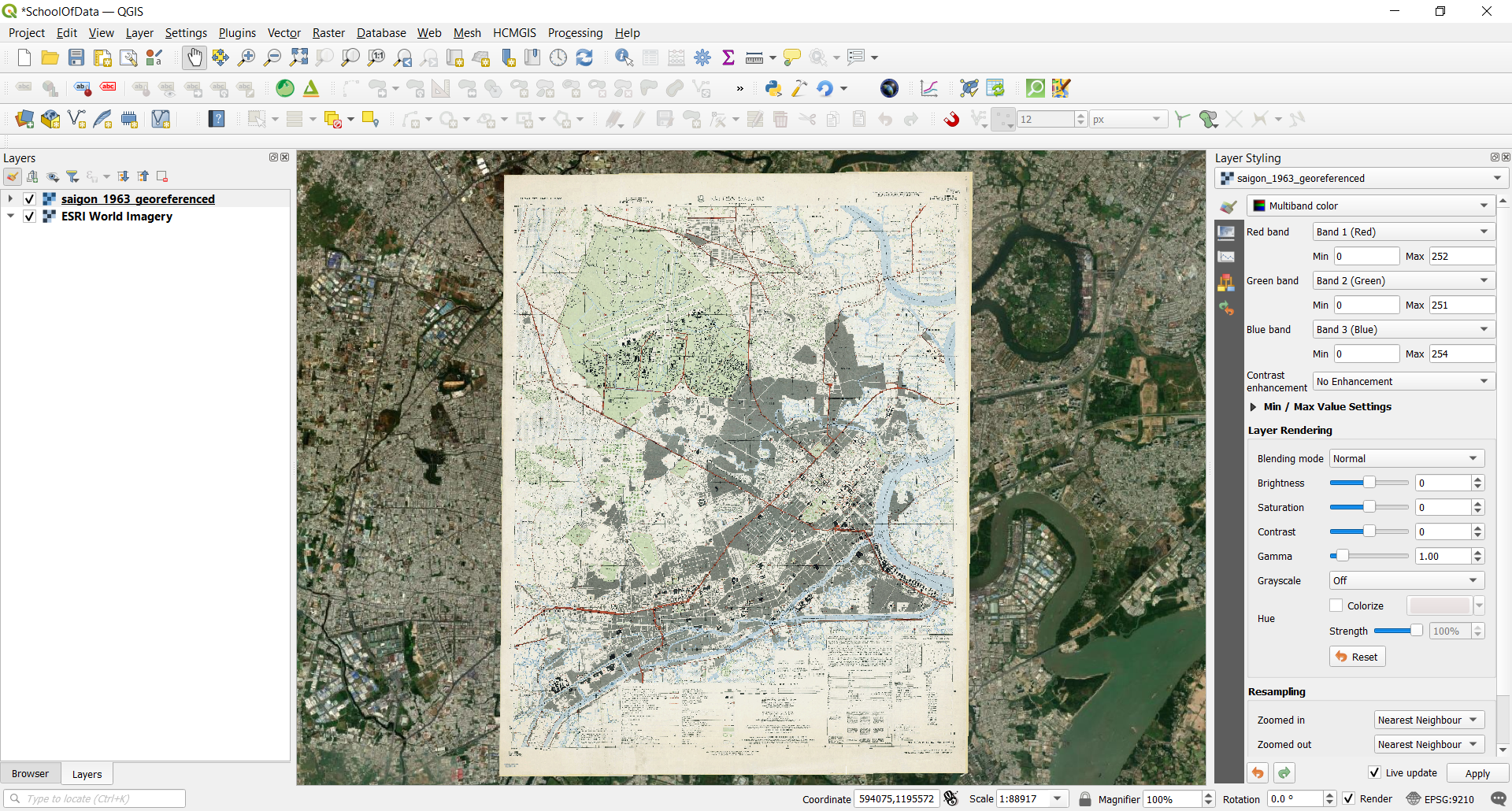 Bản đồ đã được đăng ký toạ độ được tải trong QGIS