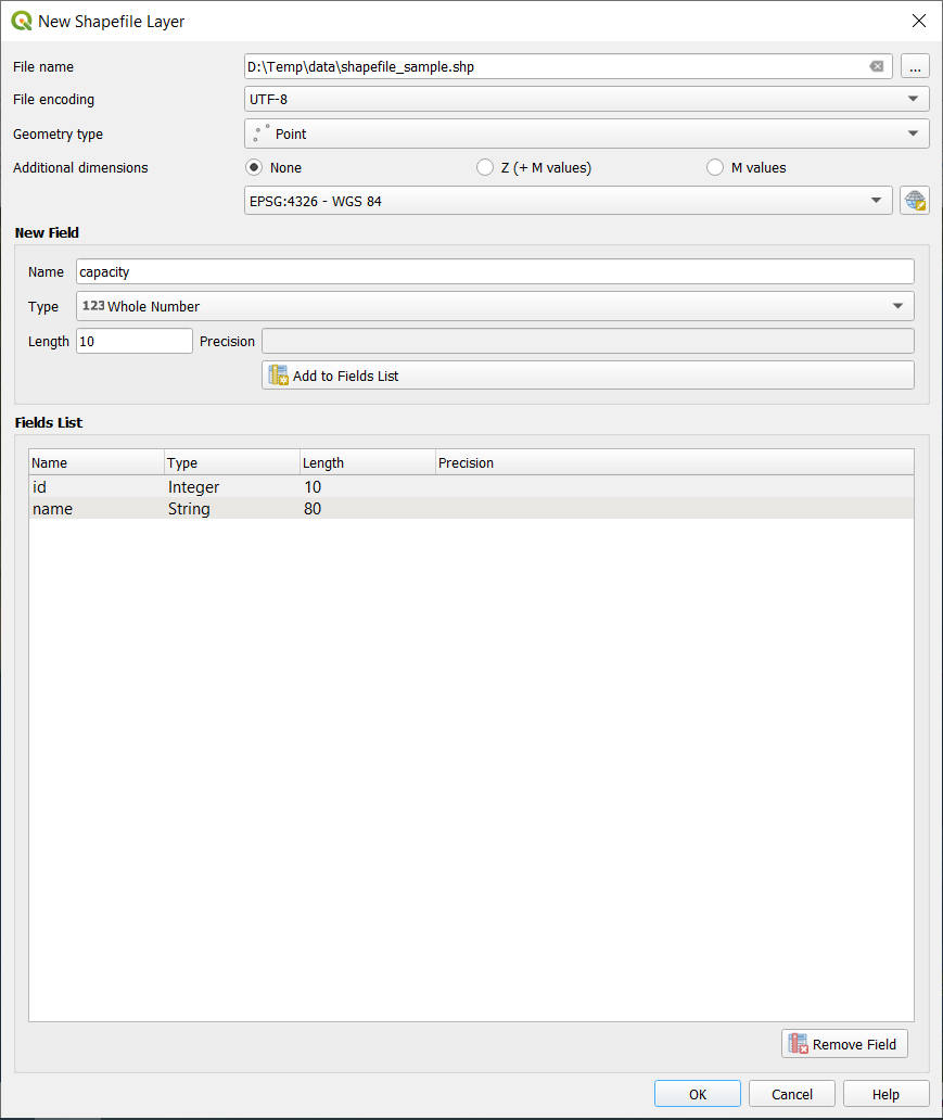 Giao diện New shapefile layer